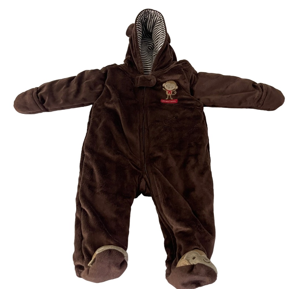Just One You Carters Brown Monkey Plush Hooded Bunting Pram Suit 9M Footed Zip